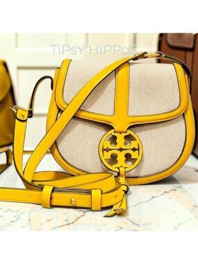 Tory Burch Miller Canvas & Leather Saddle Bag Yellow/Natural Crossbody
